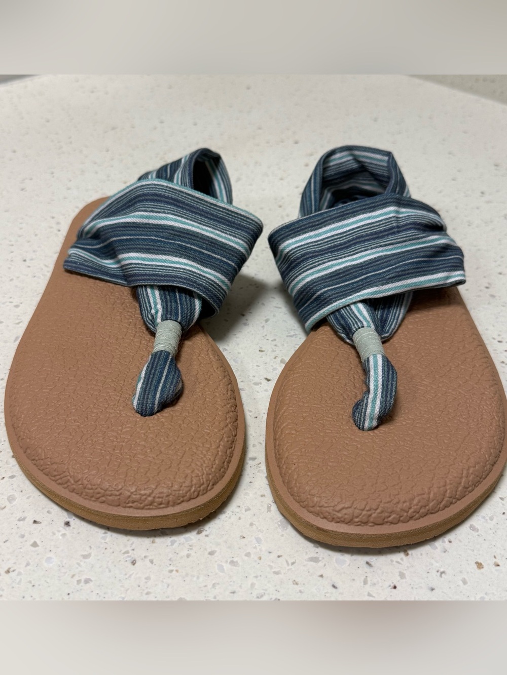 Sanuk Blue Striped Wrap Sandals with Tan Footbed